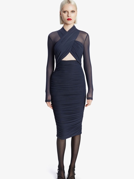 Bardot Dresses & Skirts - Bardot Aliyah Dress In Navy Small Bodycon Midi Long Sleeve Mesh Ruched Gown